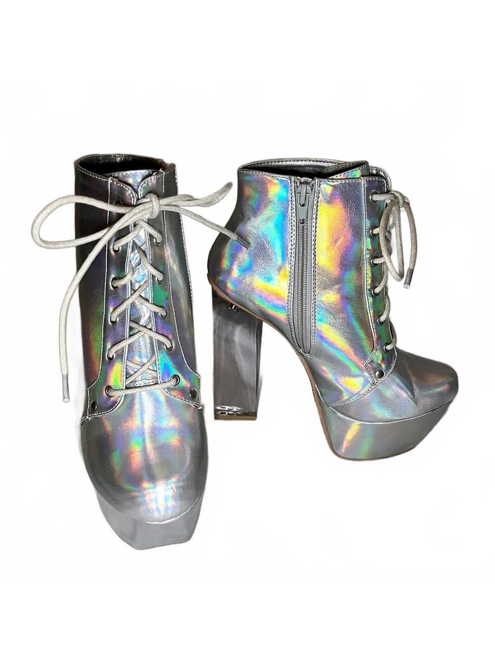 Dolls Kill x Qupid Holographic Platform Ankle Boots with Clear Heels Size 8